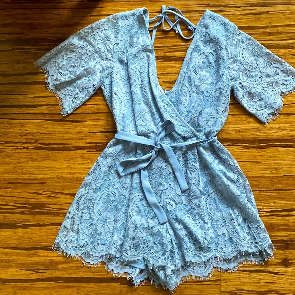 Lace Eyelash, Dusty Blue Romantic Romper, M, Charlotte Russe